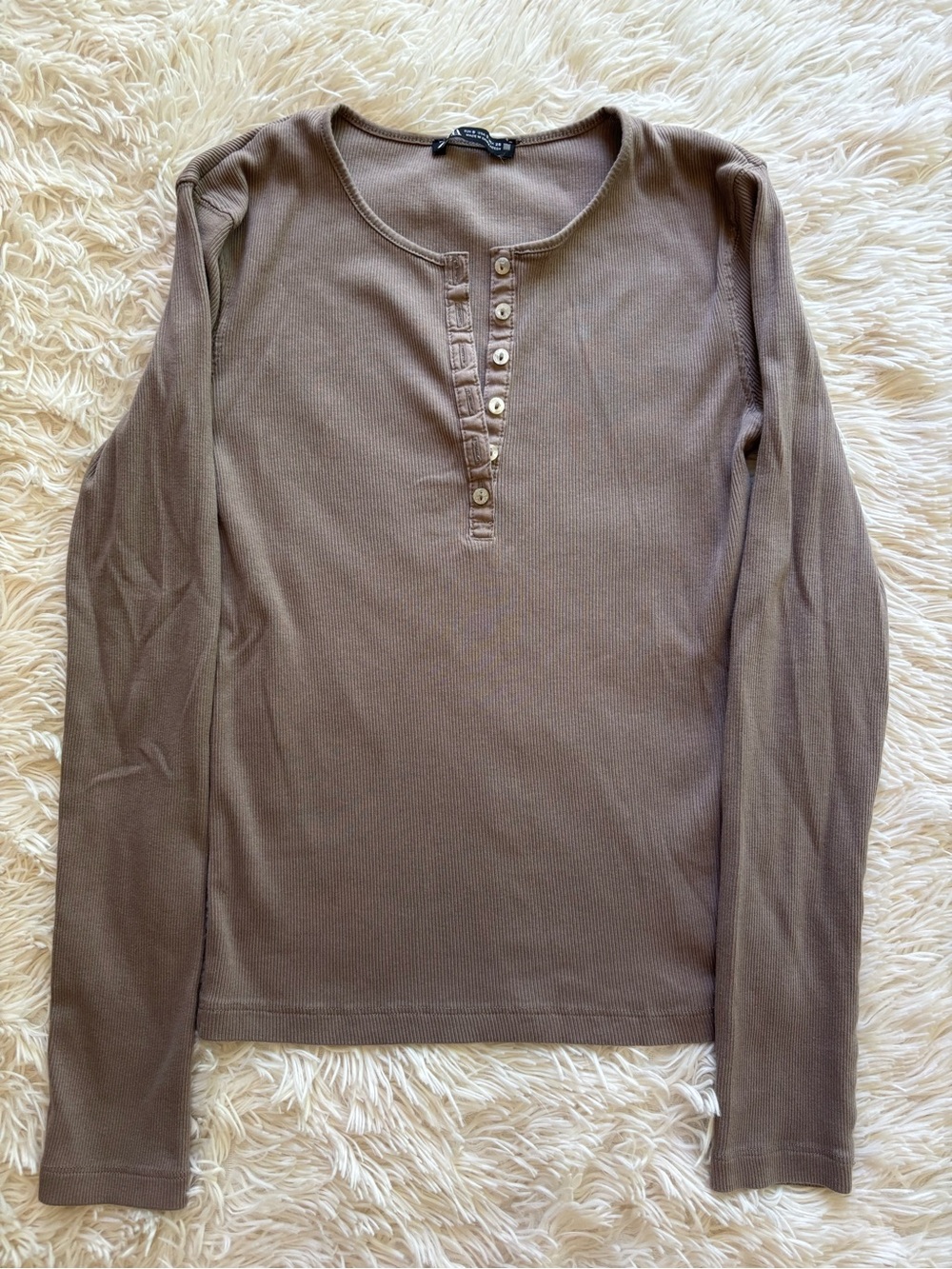 ZARA Ribbed Henley Top in Taupe Brown